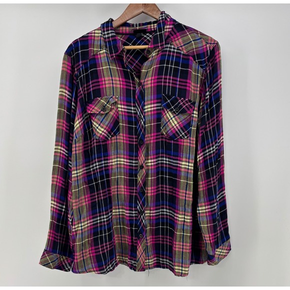 torrid Tops - Torrid Button Down Shirt Women's 2 Multi Plaid Long Sleeve 100% Rayon